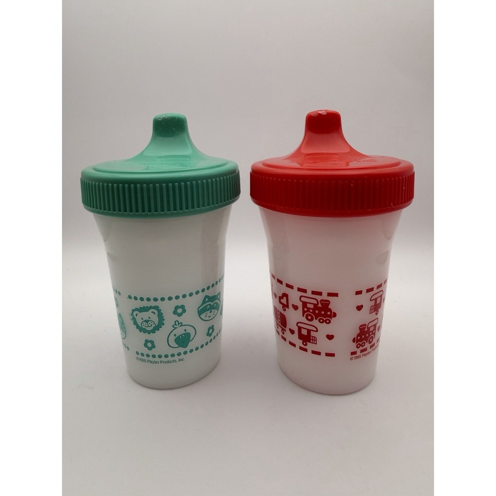 Vintage 1995 Playtex Sippy Cups Red & Green Lids Cartoon Graphics Lot of 2
